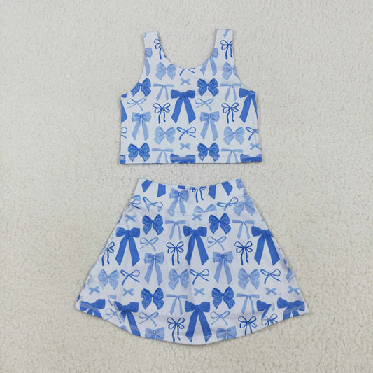 7.18 RTS NO MOQ Baby Girls Summer Kids Sets GSD2640 Sleeveless Blue Bows Vest Top Short Skirts Yoga Sets