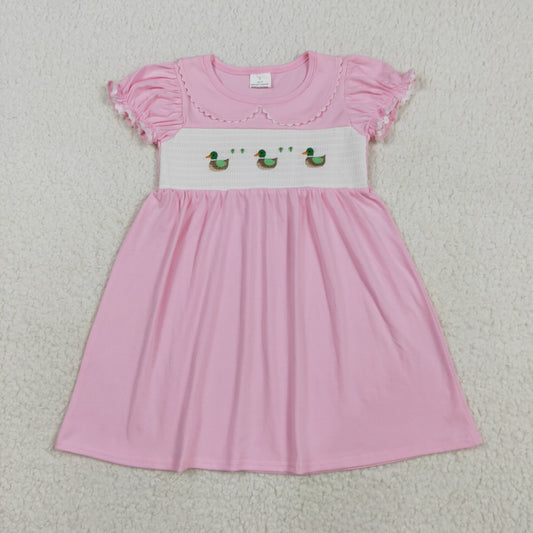 7.18 RTS NO MOQ Summer Baby Girls Dresses GSD2642 Pink Short Ruffle Sleeves Ducks Knee Length Dresses