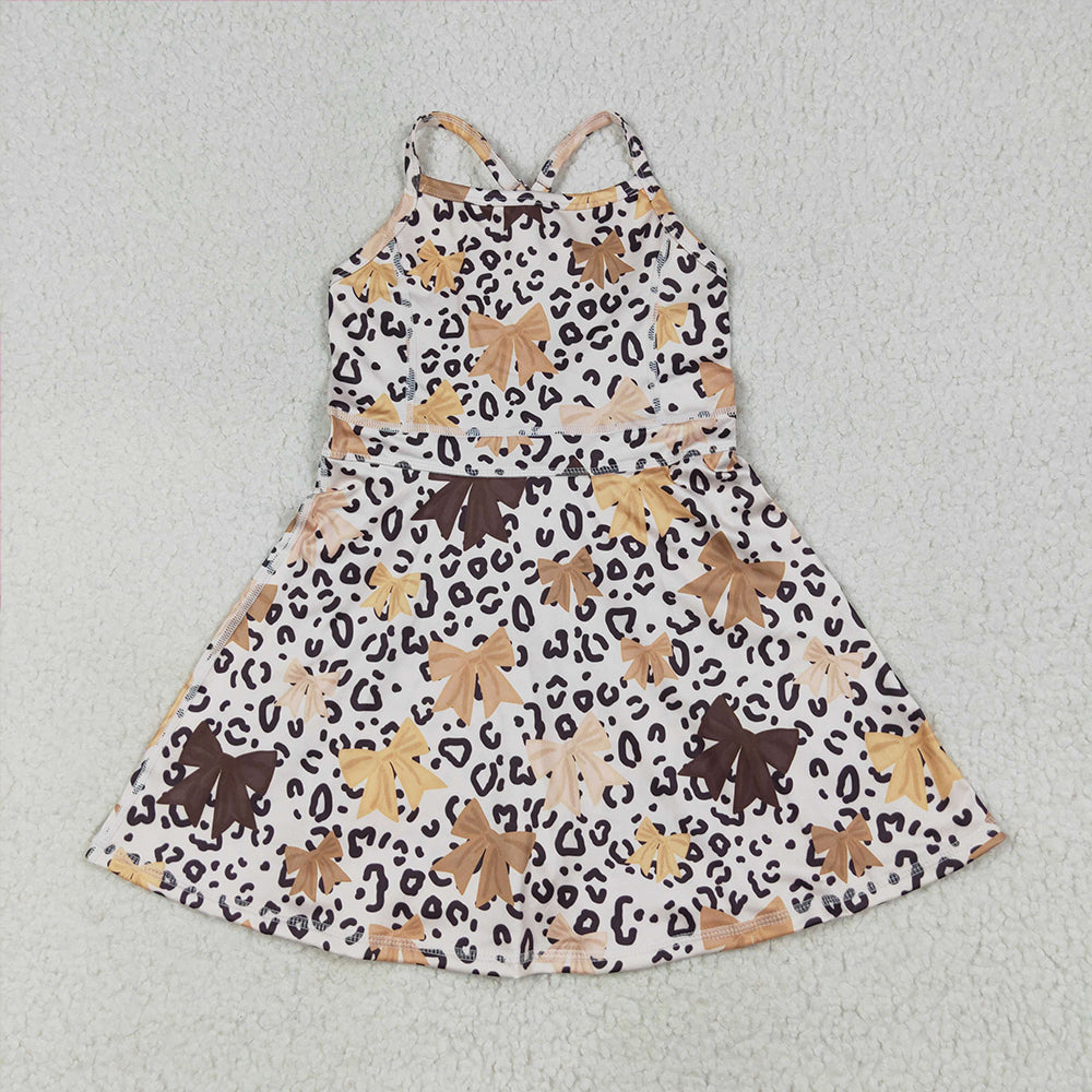 7.8 RTS NO MOQ Summer Baby Girls Dresses GSD2649 Strap Brown Bows Leopard Shorts Knee Length Dresses