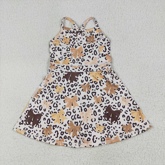 7.8 RTS NO MOQ Summer Baby Girls Dresses GSD2649 Strap Brown Bows Leopard Shorts Knee Length Dresses