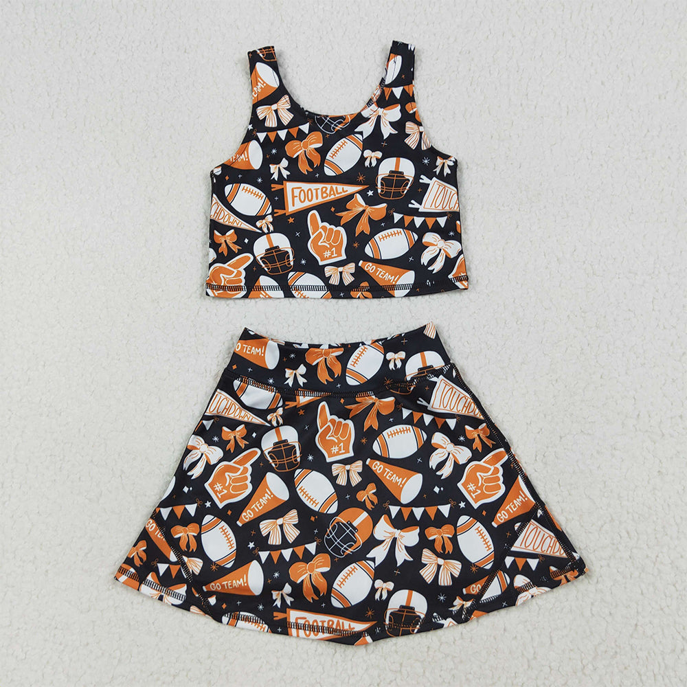 7.15 RTS NO MOQ Baby Girls Summer Kids Sets GSD2687 Team Orange Football Bows Vest Top Short Skirts Yoga Sets