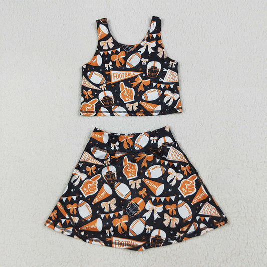 7.15 RTS NO MOQ Baby Girls Summer Kids Sets GSD2687 Team Orange Football Bows Vest Top Short Skirts Yoga Sets