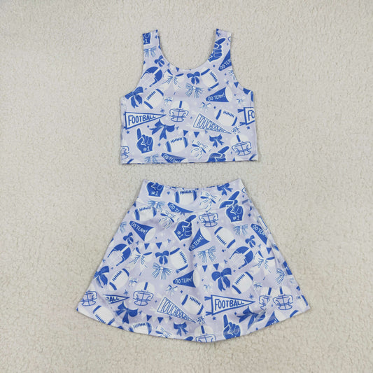 8.12 RTS NO MOQ Baby Girls Summer Kids Sets GSD2688 Team Blue Football Bows Vest Top Short Skirts Yoga Sets