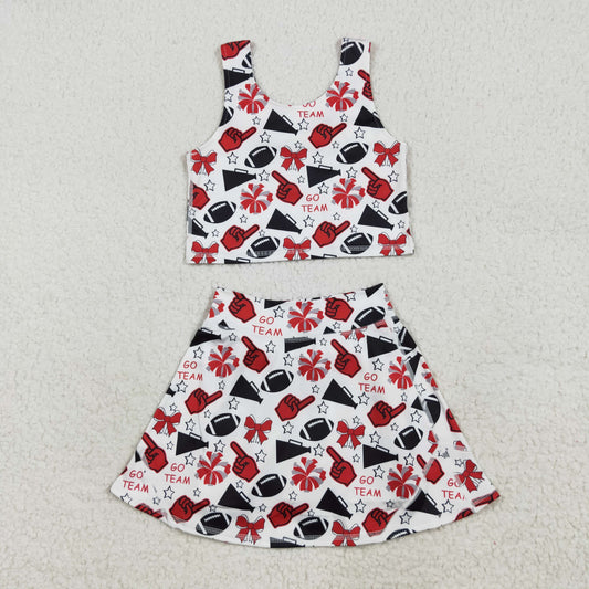 7.18 RTS NO MOQ Baby Girls Summer Kids Sets GSD2693 Team Red Football Bows Vest Top Short Skirts Yoga Sets