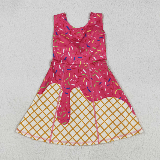 8.12 RTS NO MOQ Summer Baby Girls Dresses GSD2747 Darkpink Drip Sprinkles Team Yoga Active Knee Length Dresses