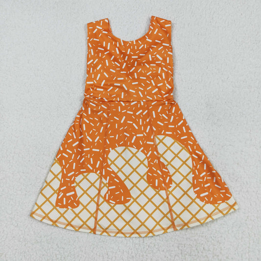 8.12 RTS NO MOQ Summer Baby Girls Dresses GSD2750 Orange Drip Sprinkles Team Yoga Active Knee Length Dresses