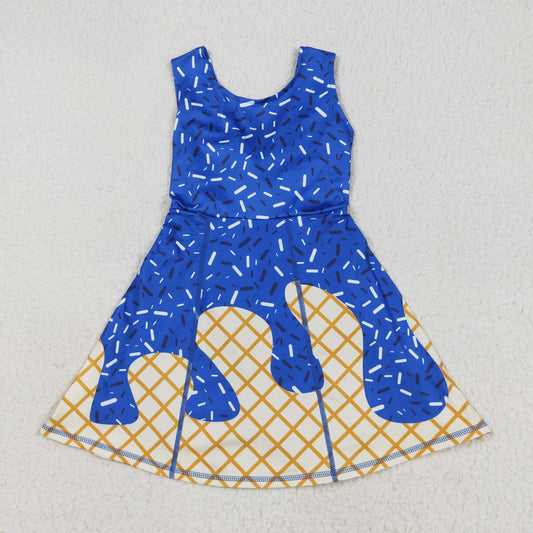 8.12 RTS NO MOQ Summer Baby Girls Dresses GSD2751 Royal Blue Drip Sprinkles Team Yoga Active Knee Length Dresses