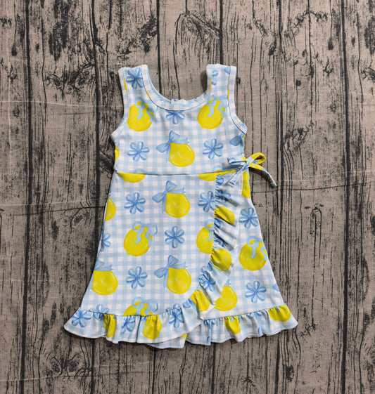 ( No moq ) Preorder Baby Girls Kids Sleeveless Lemons Bows Blue Plaid Yoga Active Shorts Knee Length Dress