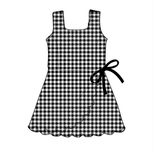 ( Moq 5 ) Preorder Baby Girls Kids Sleeveless Black Plaid Scallop Yoga Knee Length Dress