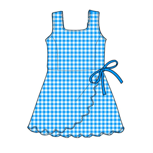 ( Moq 5 ) Preorder Baby Girls Kids Sleeveless Blue Plaid Scallop Yoga Knee Length Dress