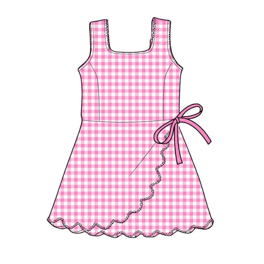 ( Moq 5 ) Preorder Baby Girls Kids Sleeveless Pink Plaid Scallop Yoga Knee Length Dress