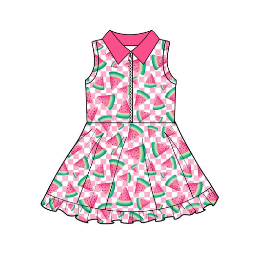 ( Moq 5 ) Preorder Baby Girls Kids Watermelon Pink Plaid Zipper Yoga Knee Length Dress