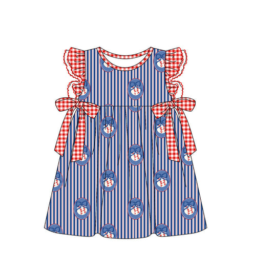 ( Moq 5 ) Preorder Baby Girls Kids Short Sleeves Baseball Bows Stripes Knee Length Dress