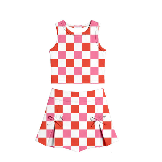 ( Moq 5 ) Preorder Baby Girls Kids Pink Red Checked Tops  Bows Skirt Shorts Yoga Summer Set