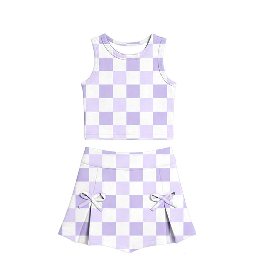 ( Moq 5 ) Preorder Baby Girls Kids Purple Checked Tops  Bows Skirt Shorts Yoga Clothes Summer Set
