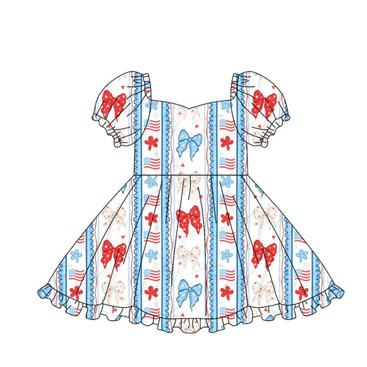 ( Moq 5 ) Preorder Baby Girls Kids Short Sleeves Bows Flags Flower 4th of July Dress Summer Clothes