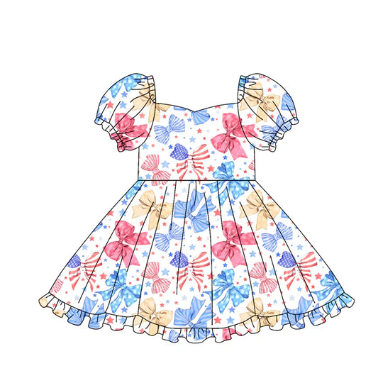 ( Moq 5 ) Preorder Baby Girls Kids Short Sleeves Bows Stars 4th of July Dress Summer Clothes