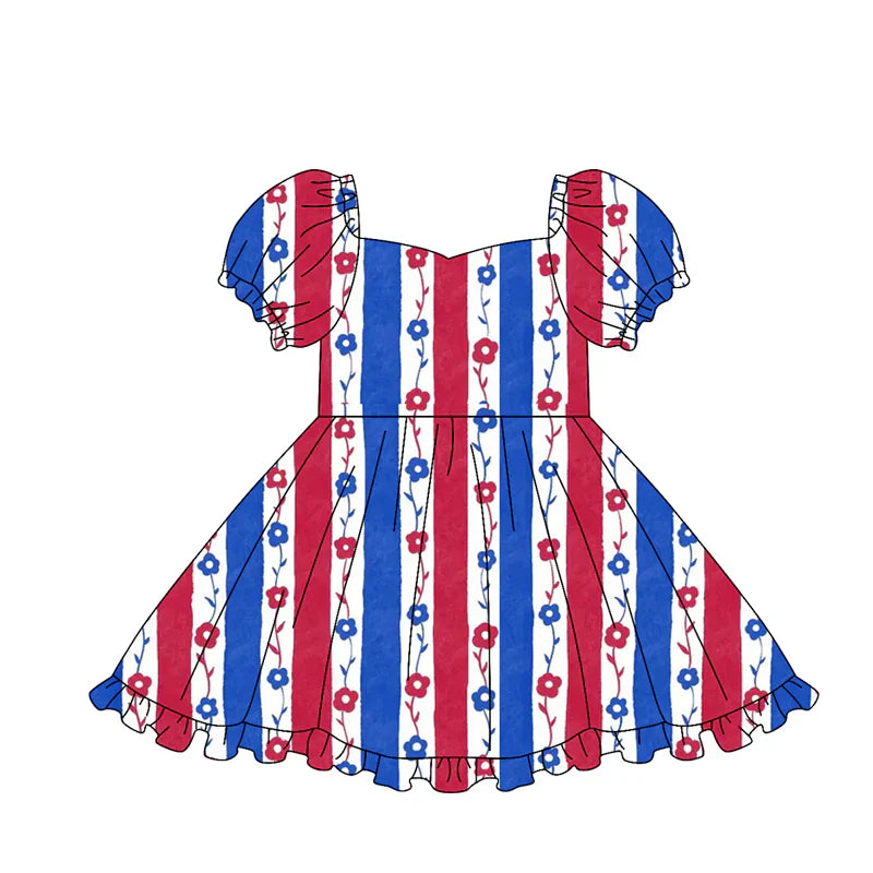 ( Moq 5 ) Preorder Baby Girls Kids Short Sleeves Flower Stripes 4th of July Dress Summer Clothes