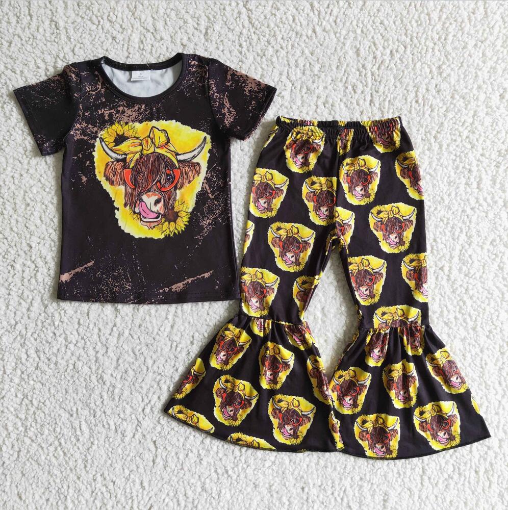 GSPO0010 Black Yellow Cow Girl Short Sleeve Summer Boutique Children Clothing