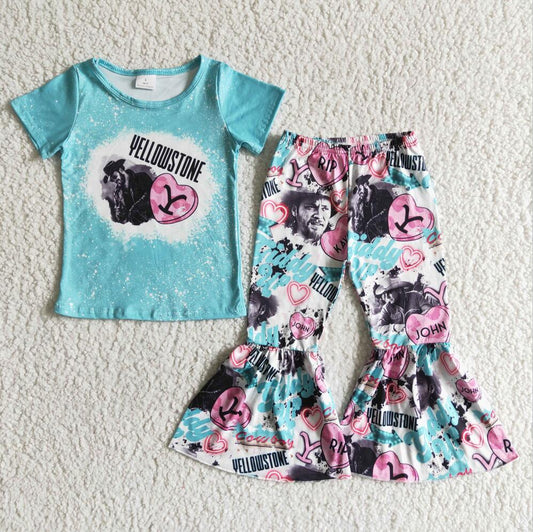 GSPO0016 Love Girl Short Sleeve Blue Pants Summer Boutique Children Clothing