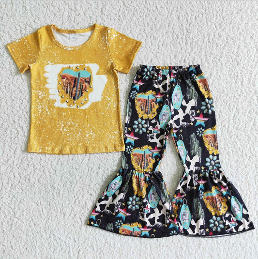 GSPO0018 Cow Design Girl Short Sleeve Pants Summer Boutique Children Clothing