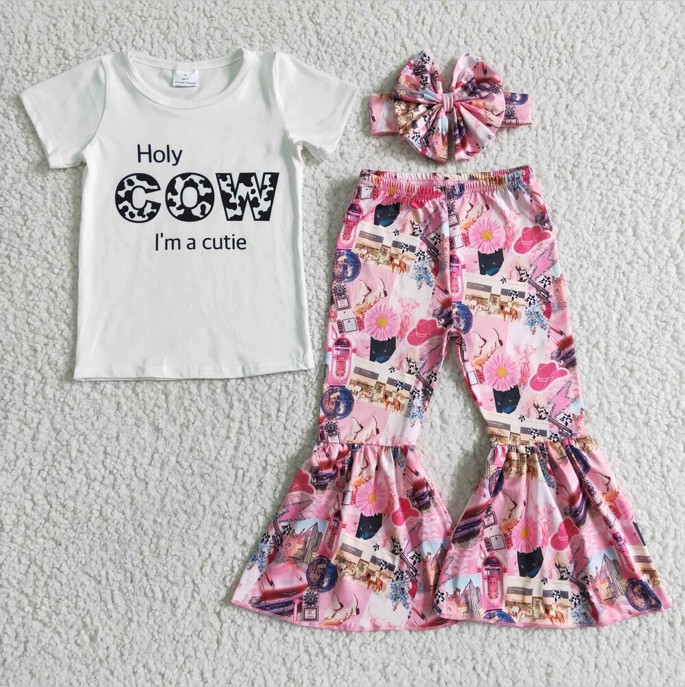 GSPO0033 Pink Cow Cute Summer Children Clothing Kid Summer Boutique Outfits