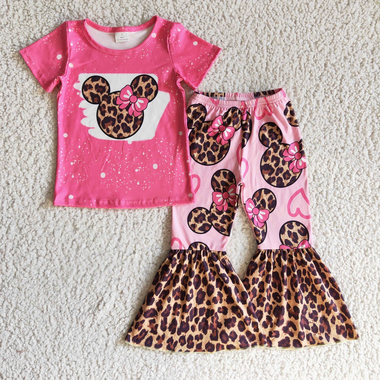 RTS NO MOQ Baby Girls Summer Sets GSPO0225 Pink Leopard Bell Bottom Pants Clothes Sets