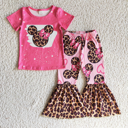 RTS NO MOQ Baby Girls Summer Sets GSPO0225 Pink Leopard Bell Bottom Pants Clothes Sets