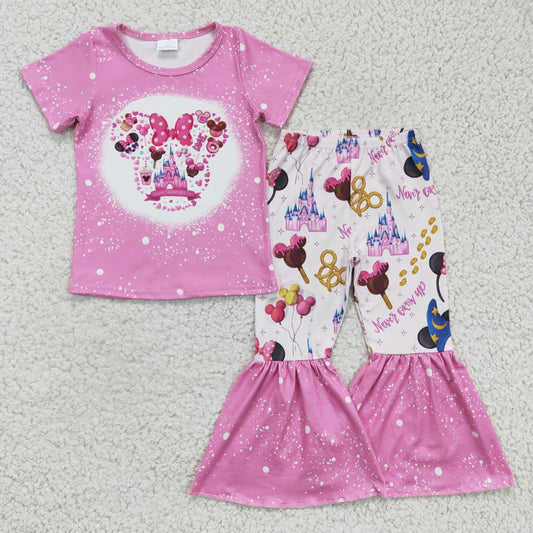 RTS NO MOQ Baby Girls Summer Sets GSPO0251 Pink Castle Cartoon Bell Pants Clothes Sets