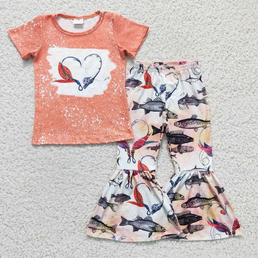 7.26 RTS NO MOQ Baby Girls Summer Sets GSPO0258 Fishing Orange Bell Pants Sets