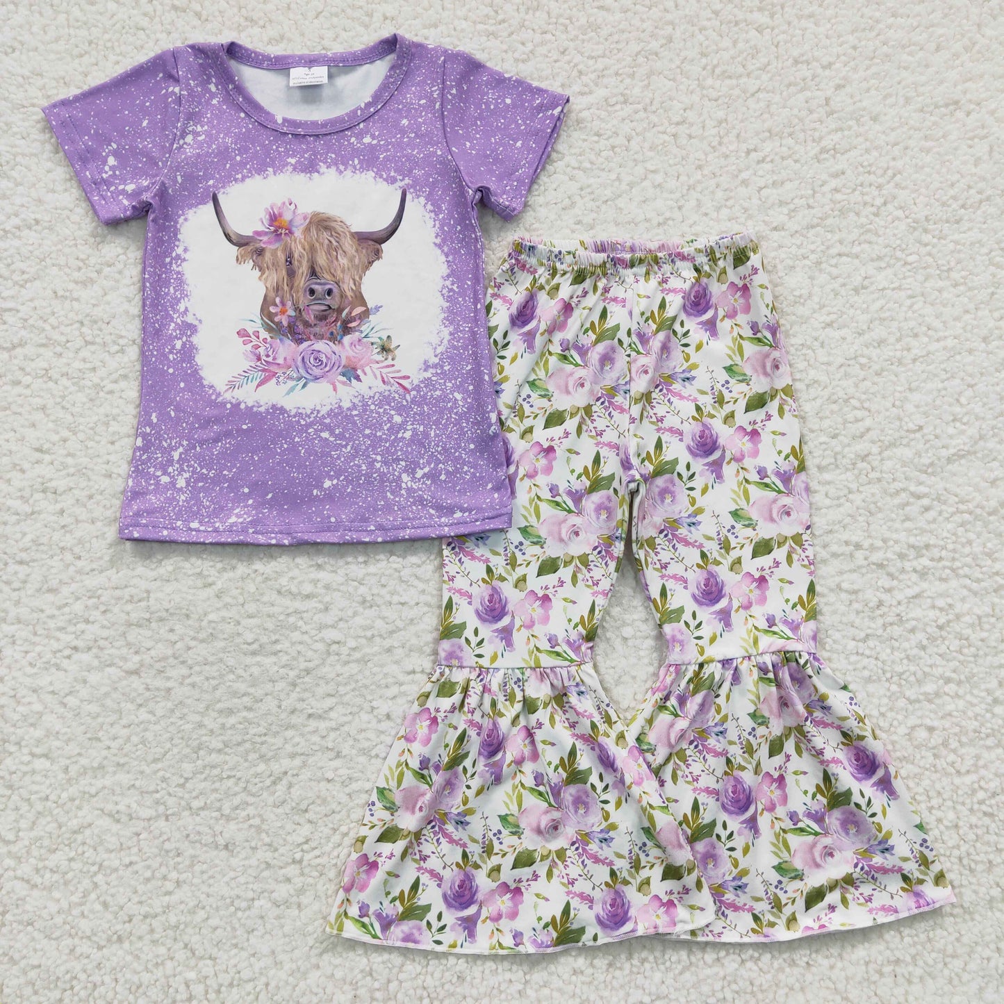 7.26 RTS NO MOQ Baby Girls Summer Sets GSPO0264 Purple Cow Flower Bell Pants Clothes Sets