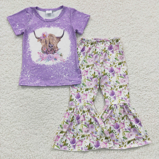 7.26 RTS NO MOQ Baby Girls Summer Sets GSPO0264 Purple Cow Flower Bell Pants Clothes Sets