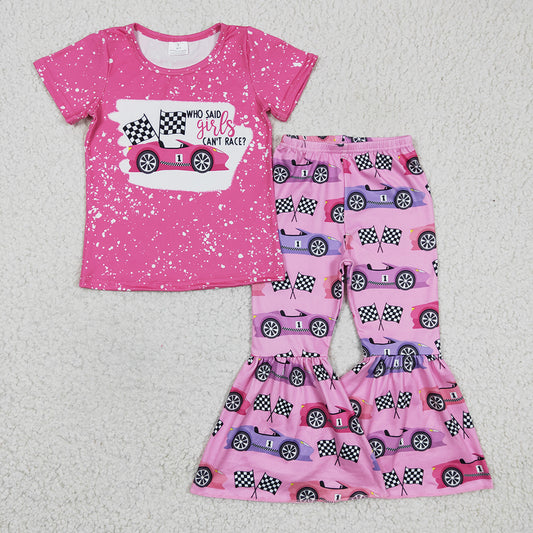 RTS NO MOQ Baby Girls Summer Sets GSPO0318 Pink Racing Car Bell Pants Sets