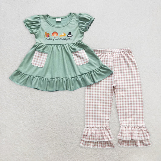 5.13 RTS NO MOQ Baby Girls Summer Kids Sets GSPO0827 Thanksgiving Green Turkey Ruffle Pants Clothes Sets