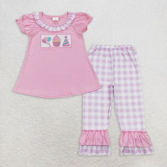RTS NO MOQ Baby Girls Summer Kids Sets GSPO0960 Pink Birthday Top Ruffle Pants Clothing Sets