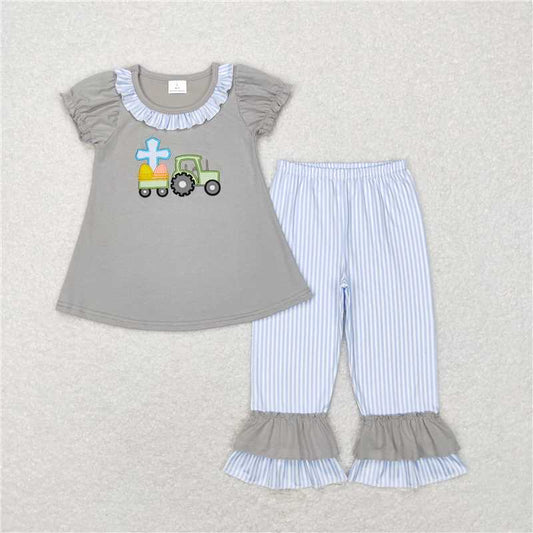 RTS NO MOQ Summer Sibling  Baby Boys Girls Easter Egges Tractor Short Sleeve Rompers Sets
