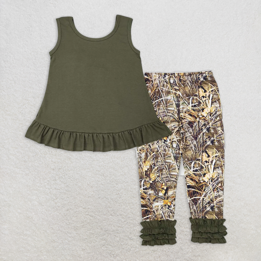RTS NO MOQ Baby Girls Summer Kids Sets GSPO1089 Brown Sleeveless Bow Tunic Icing Ruffle Camo Legging Clothes Sets