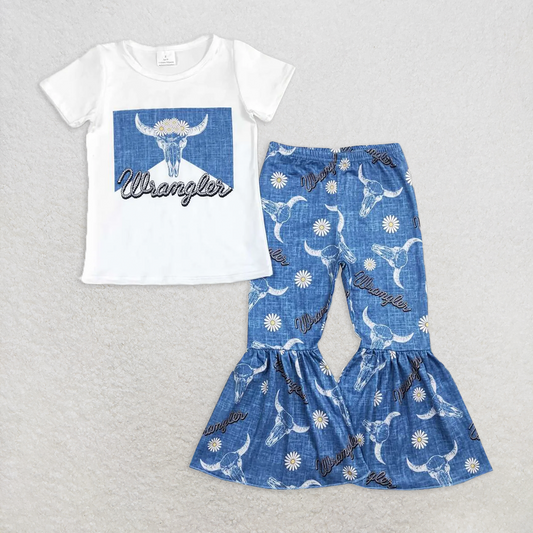 RTS NO MOQ Baby Girls Summer Kids Sets GSPO1287 Cow Flowers Western Top Bell Pants Clothes Sets
