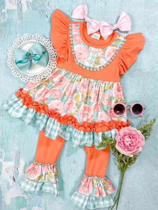 GSPO1495 Summer Orange Floral Short Sleeve Shirt Outfit Kid Clothing