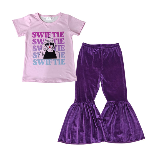 GSPO1518 Purple Clothes Summer Short Sleeve Outfit Kid Clothing Set