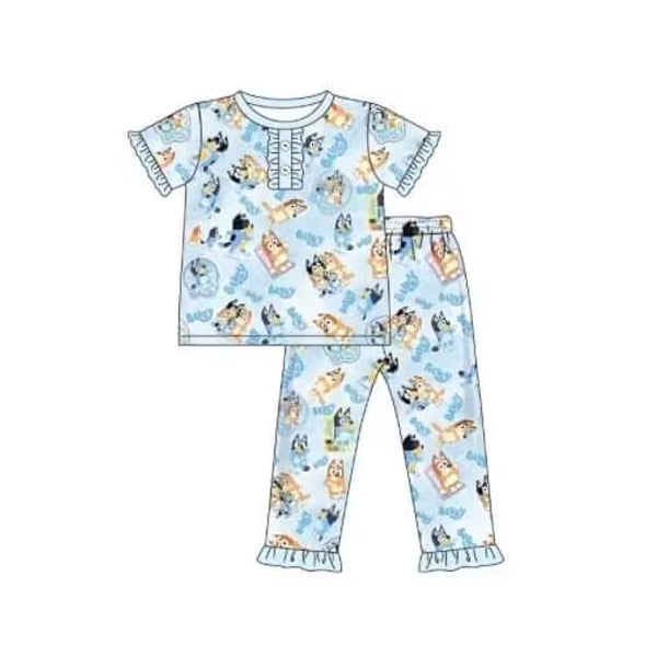 GSPO1521 Blue Dog Girl Kid Clothes Summer Short Sleeve Children Clothing Sets