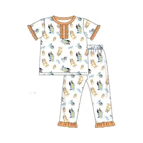 GSPO1523 Orange Dog Girl Kid Clothes Summer Short Sleeve Children Clothing Sets