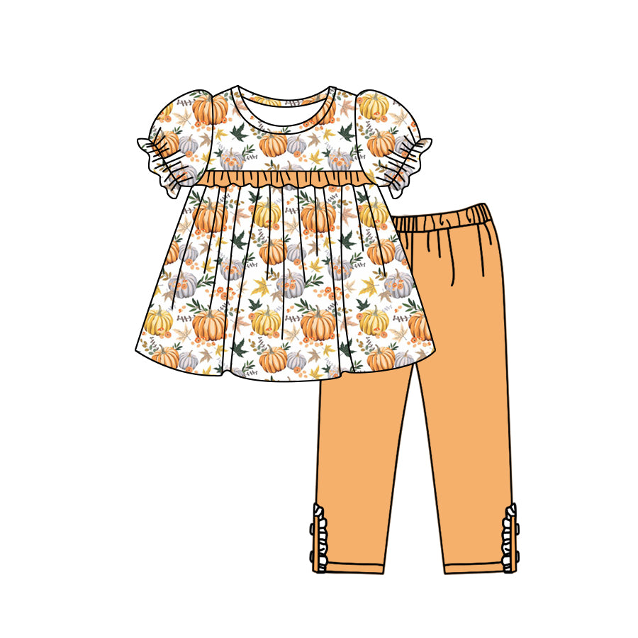 GSPO1543 Pumpkin Summer Short Sleeve Kid Clothing Set Boutique Outfits