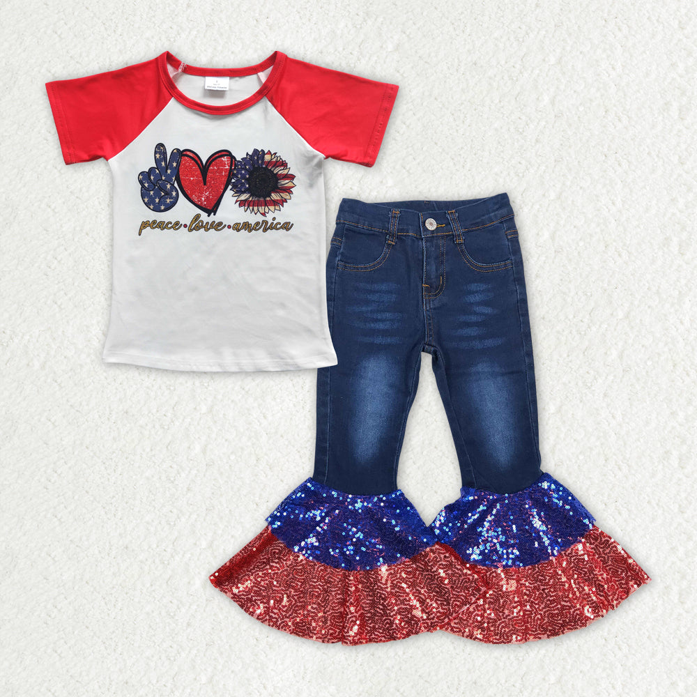 GSPO1622 Baby Girls Peace Love America Shirt Top Sequin Denim Jeans Pants Clothes Sets