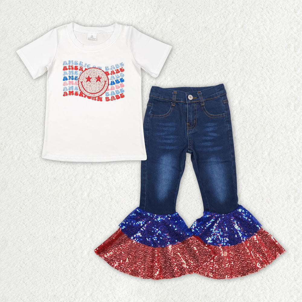 GSPO1624 4th of july Stars Shirt Top Sequin Denim Jeans Pants Clothes Sets