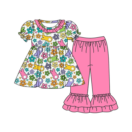 GSPO1738 Pink Flower Short Sleeve Wholesale Boutique Kid Outfit Clothing Sets