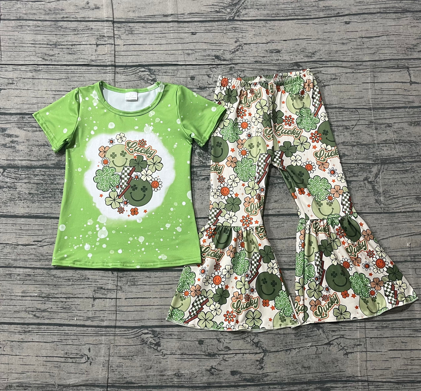 Baby Girl Kids Short Sleeves St Patrick Day Smile Clovers Shirt Bell Pants Set RTS