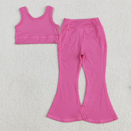 5.26 RTS NO MOQ Baby Girls Summer Kids Sets GSPO2002 Dark Pink Yoga Vest Bell Bottom Pants Active Wear Clothes Sets