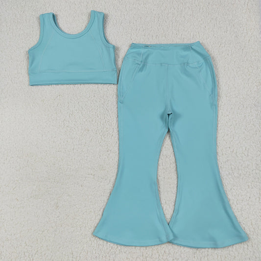 7.1 RTS NO MOQ Baby Girls Summer Kids Sets GSPO2004 Aqua Yoga Vest Bell Bottom Pants Active Wear Clothes Sets