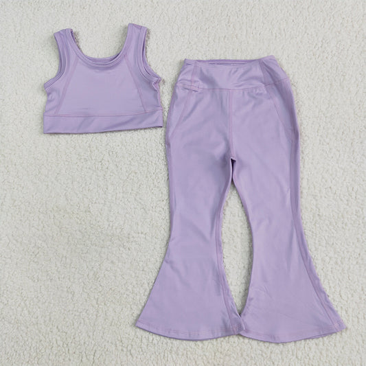 5.13 RTS NO MOQ Baby Girls Summer Kids Sets GSPO2006 Lavender Yoga Vest Bell Bottom Pants Active Wear Clothes Sets